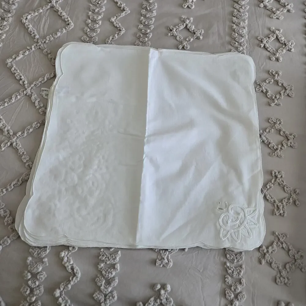 Vintage 80s Keeco Embroidered Cutwork Tablecloth Napkin Set White Cotton 68x86